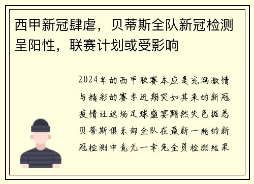 西甲新冠肆虐，贝蒂斯全队新冠检测呈阳性，联赛计划或受影响